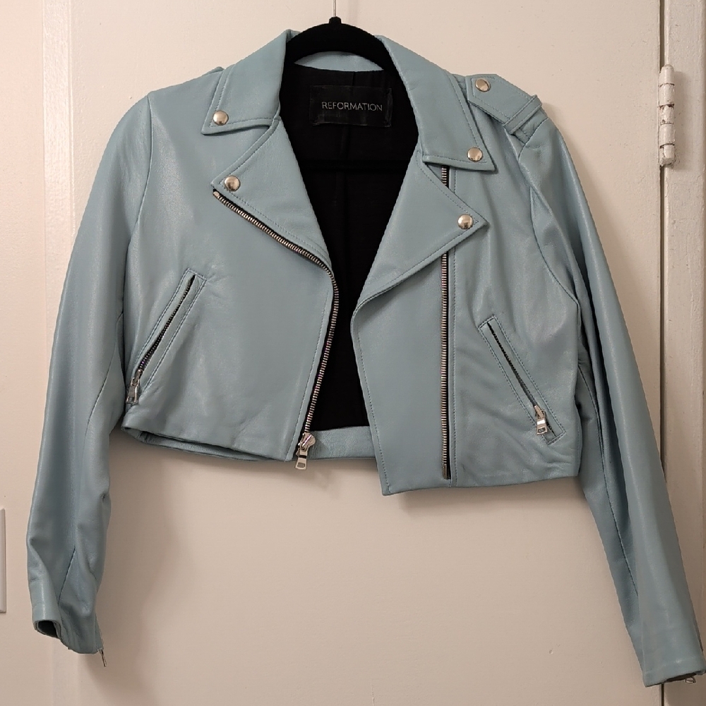Reformation Cropped Light Blue Motorcycle Jacket Size M